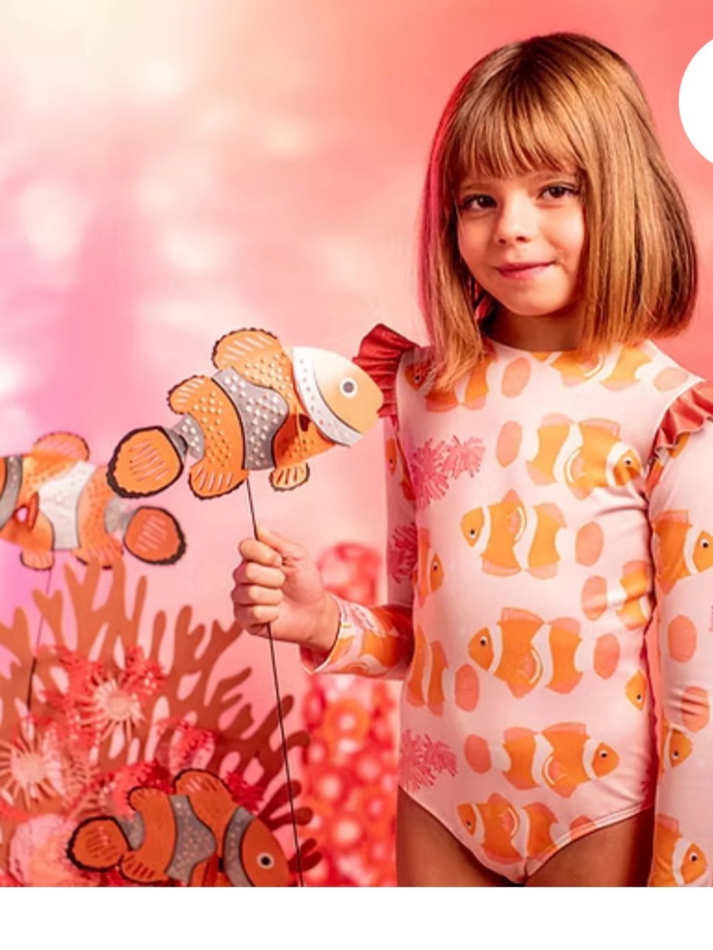 Nemo y anemone wingsKids Long-Sleeve Pink Clownfish One-Piece Swimsuit